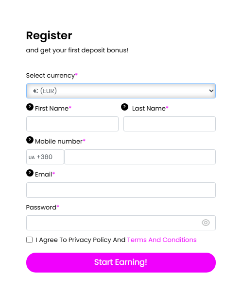 Love Casino 2 Registration process